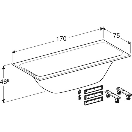 Wanna prostokątna Tawa 170x75, duo, slim, z nogami montażowymi