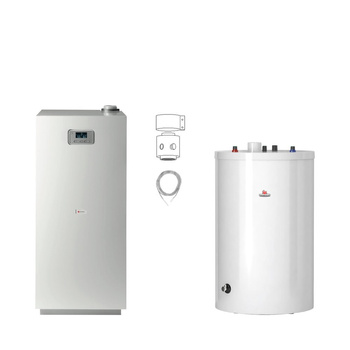 Pakiet - Kocioł gazowy jednofunkcyjny SAUNIER DUVAL Niedźwiedź Condens KKS25 kondensacyjny stojący 8.3-26.5kW + Czujnik c.w.u. NTC + Drugie przyłącze powrotu + Zasobnik c.w.u FE 150/6 BM