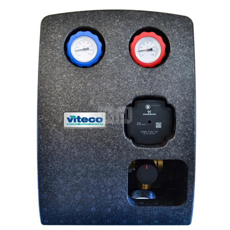 Grupa pompowa do c.o. Viteco ENBOX 4D - DN 25 (z pompą elektroniczną Grundfos UPM3 FLEX AS 25-70 130 i 4-drogowym zaworem mieszającym ESBE VRB 142 z płynnie regulowanym by-passem, z siłownikiem 3-punktowym ARA 600)
