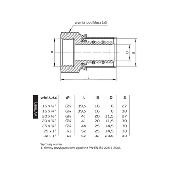 732 O25xG1 W Złączka nakrętna-mufa klasa 1/10 5/6 25x2,5 CuZn typ "U"