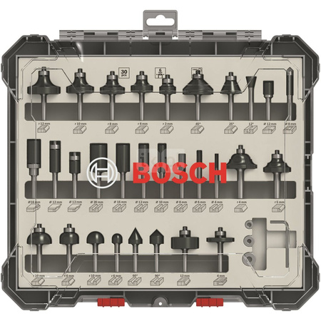 Mieszany zestaw frezów, trzpień 6 mm, 30 szt. 30-piece Mixed Application Router Bit Set.