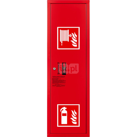 Hydrant DN25 zawieszany boczny z miejscem na gaśnicę, wąż 20m, zamek patent, RAL 3000 prawa