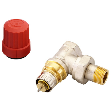 Zawór grzejnikowy termostatyczny DANFOSS, Kątowy (kąt prosty) z nastawą wstępną (Bez ograniczenia skoku), 3/8 cala (10), Niklowanie - Biały