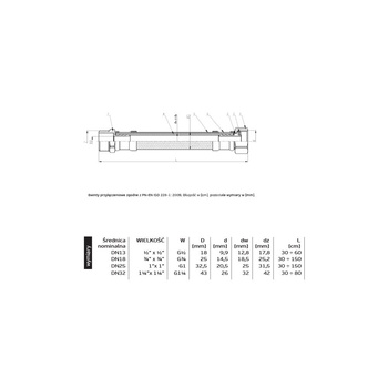 PHA-9150 G1xG1 30cm WZ PN10 DN25 Przyłącze elastyczne CuZn-EPDM-304