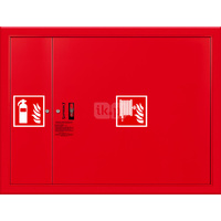 Hydrant DN33 wnękowy z miejscem na gaśnicę obok zwijadła, wąż 30m, ocynk fasada, zamek patent, RAL 3000