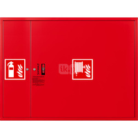 Hydrant DN33 zawieszany z miejscem na gaśnicę obok zwijadła, wąż 30m, ocynk fasada, zamek patent, RAL 3000